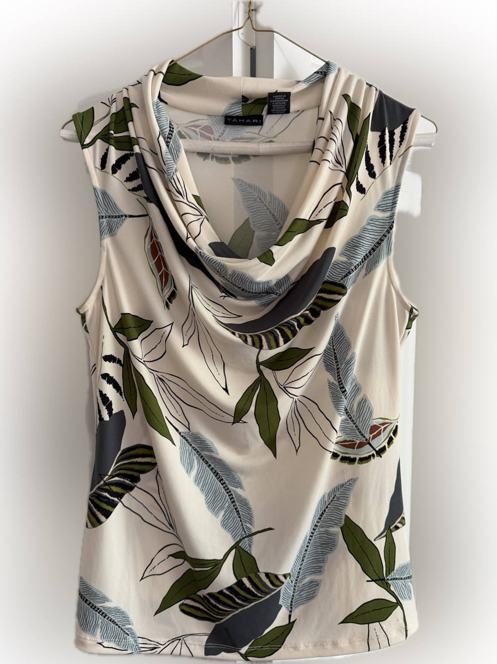 Tahari Ivory Sleeveless Cowl Neck Tank with Green and Blue Leaf Print Sz S